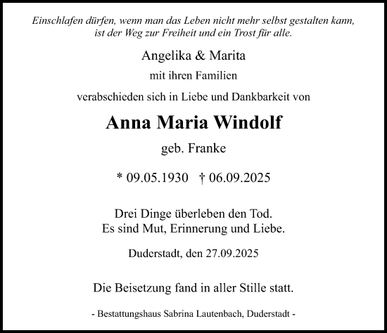 Traueranzeige von Anna Maria Windolf von Eichsfelder Tageblatt