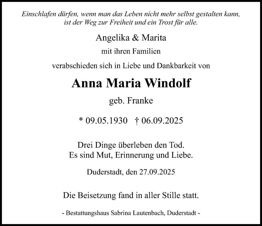  Traueranzeige für Anna Maria Windolf vom 27.09.2025 aus Eichsfelder Tageblatt