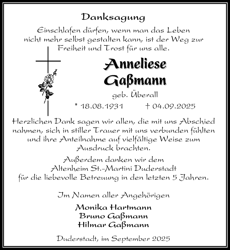  Traueranzeige für Anneliese Gaßmann vom 27.09.2025 aus Eichsfelder Tageblatt