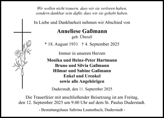 Traueranzeige von Anneliese Gaßmann von Göttinger Tageblatt