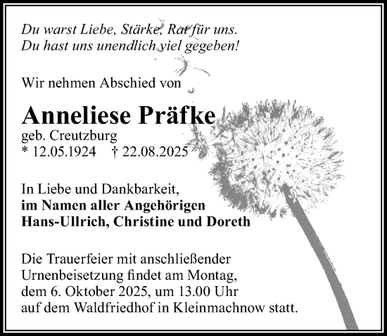 Traueranzeige von Anneliese Präfke von Märkischen Allgemeine Zeitung