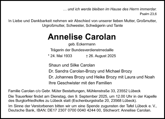 Traueranzeige von Annelise Carolan von Lübecker Nachrichten
