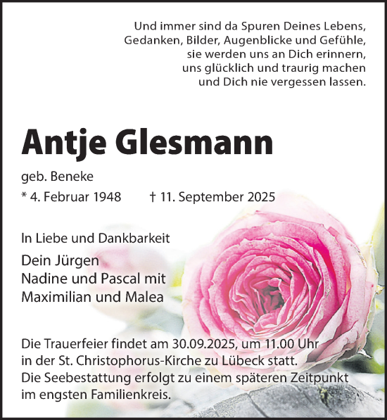 Traueranzeige von Antje Glesmann von Lübecker Nachrichten