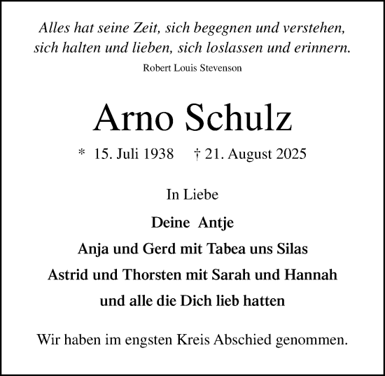 Traueranzeige von Arno Schulz von Lübecker Nachrichten