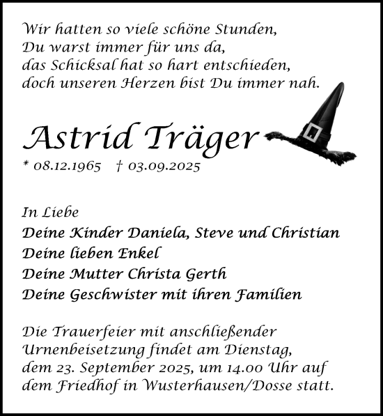 Traueranzeige von Astrid Träger von Wochenspiegel