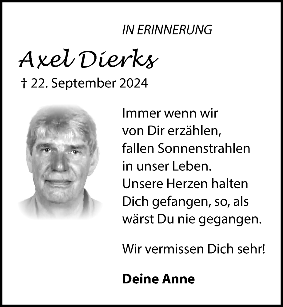  Traueranzeige für Axel Dierks vom 27.09.2025 aus Wochenspiegel