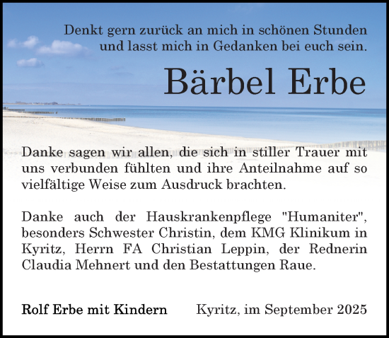 Traueranzeige von Bärbel Erbe von Wochenspiegel