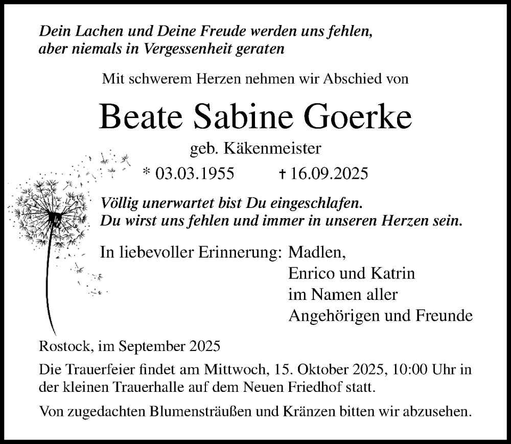  Traueranzeige für Beate Sabine Goerke vom 27.09.2025 aus Ostsee-Zeitung GmbH