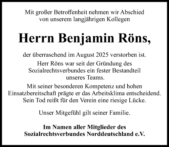 Traueranzeige von Benjamin Röns von Lübecker Nachrichten