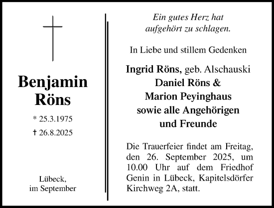 Traueranzeige von Benjamin Röns von Lübecker Nachrichten