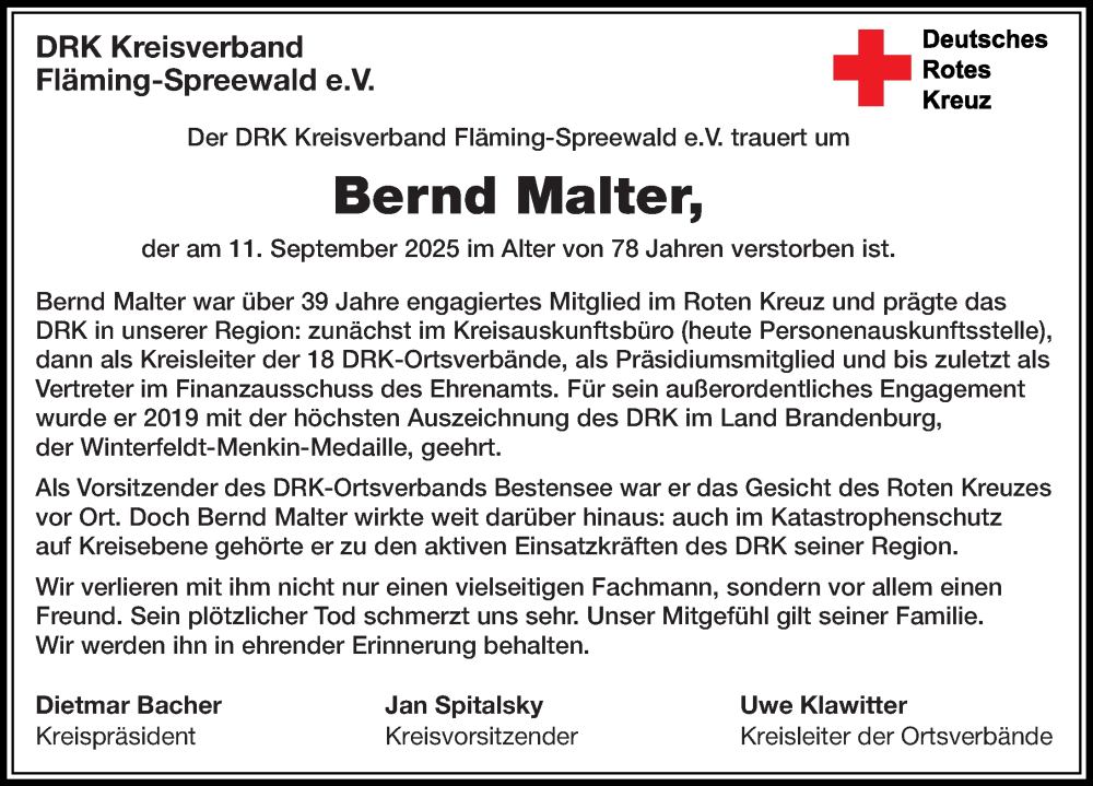  Traueranzeige für Bernd Malter vom 27.09.2025 aus Märkischen Allgemeine Zeitung