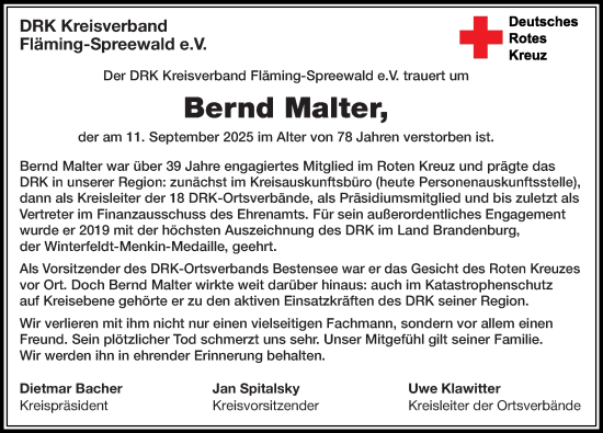 Traueranzeige von Bernd Malter von Märkischen Allgemeine Zeitung