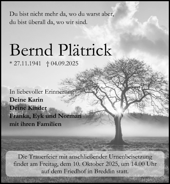 Traueranzeige von Bernd Plätrick von Wochenspiegel