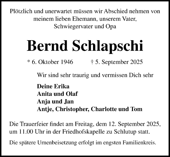 Traueranzeige von Bernd Schlapschi von Lübecker Nachrichten