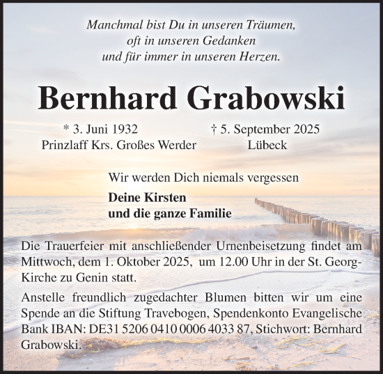 Traueranzeige von Bernhard Grabowski von Lübecker Nachrichten