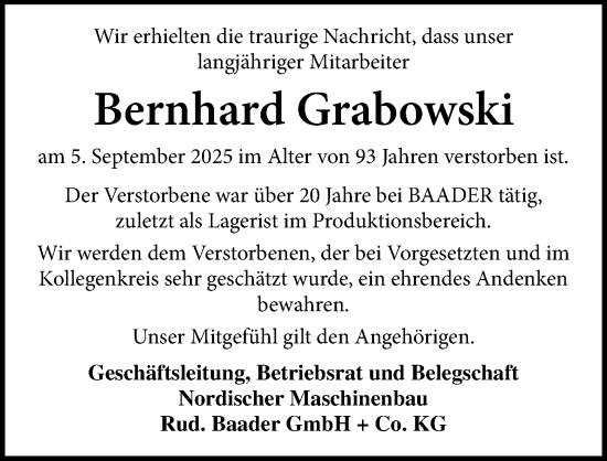 Traueranzeige von Bernhard Grabowski von Lübecker Nachrichten