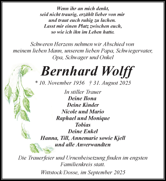 Traueranzeige von Bernhard Wolff von Wochenspiegel