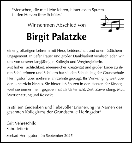 Traueranzeige von Birgit Palatzke von Ostsee-Zeitung GmbH