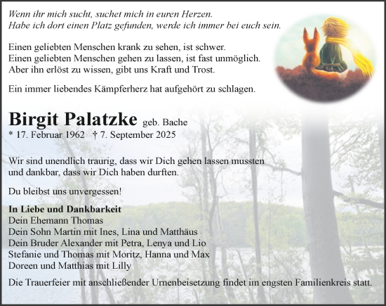 Traueranzeige von Birgit Palatzke von Ostsee-Zeitung GmbH