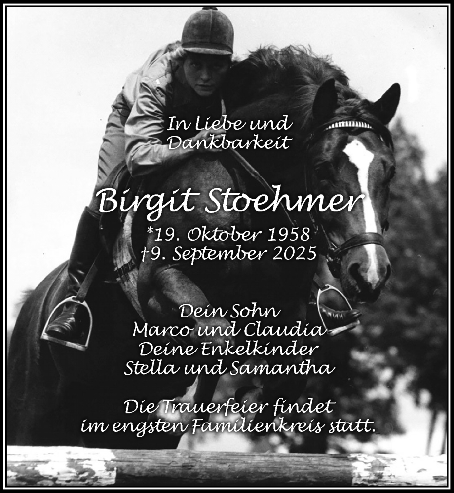  Traueranzeige für Birgit Stoehmer vom 20.09.2025 aus Wochenspiegel