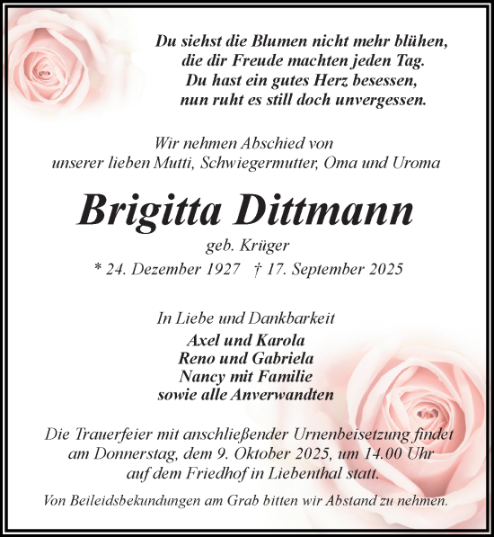 Traueranzeige von Brigitta Dittmann von Wochenspiegel