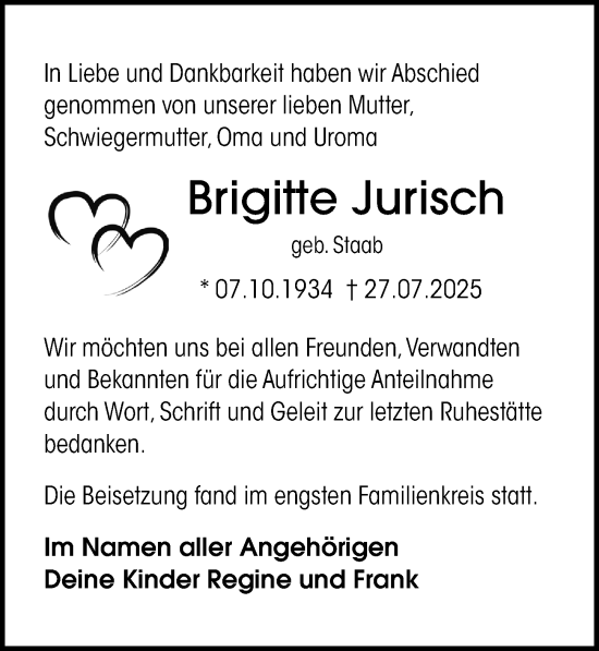 Traueranzeige von Brigitte Jurisch von Märkischen Allgemeine Zeitung