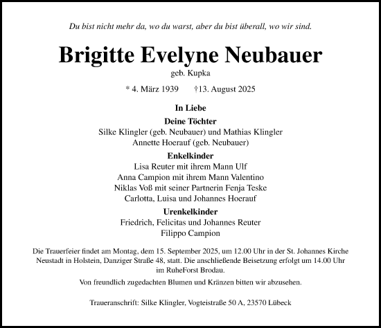 Traueranzeige von Brigitte Evelyne Neubauer von Lübecker Nachrichten