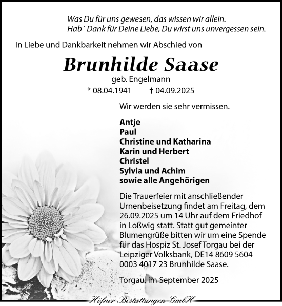 Traueranzeige von Brunhilde Saase von Torgauer Zeitung