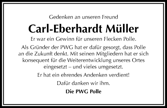 Traueranzeige von Carl-Eberhardt Müller von Täglicher Anzeiger Holzminden