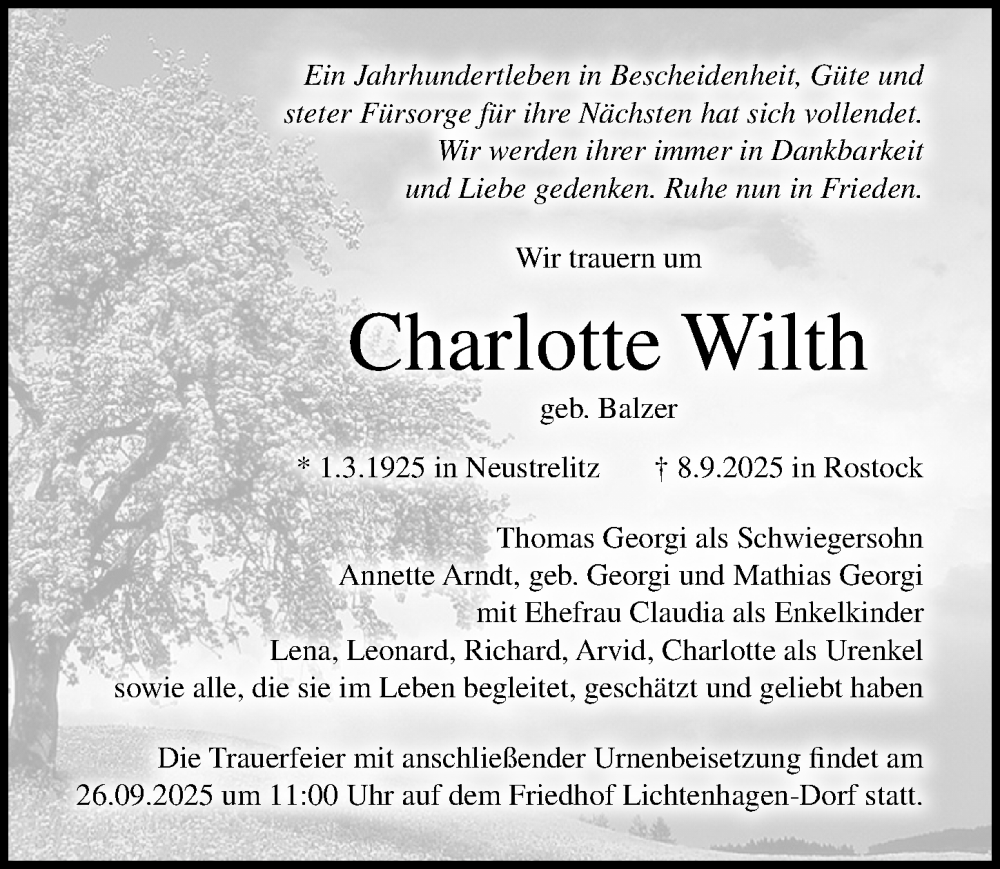  Traueranzeige für Charlotte Wilth vom 20.09.2025 aus Ostsee-Zeitung GmbH