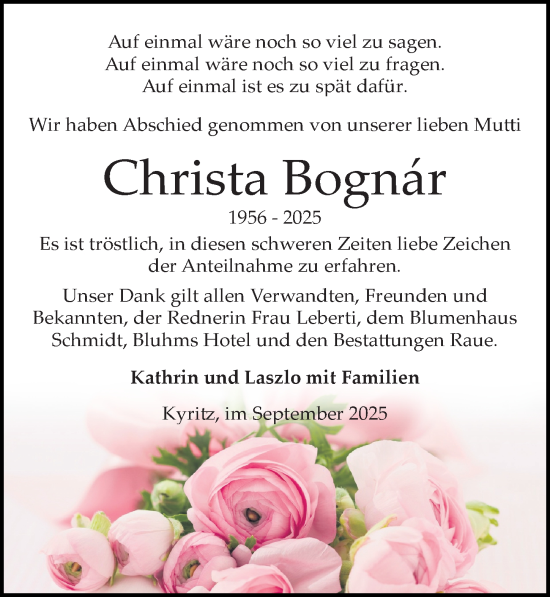 Traueranzeige von Christa Bognár von Wochenspiegel