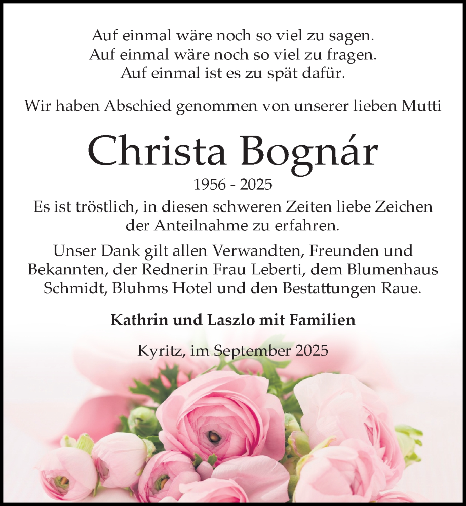  Traueranzeige für Christa Bognár vom 13.09.2025 aus Wochenspiegel