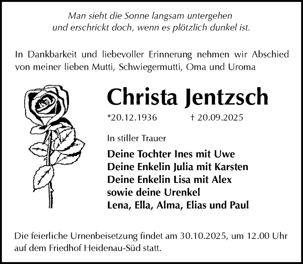  Traueranzeige für Christa Jentzsch vom 27.09.2025 aus Sächsische Zeitung