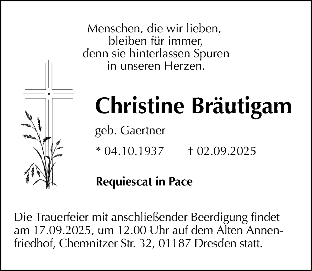  Traueranzeige für Christine Bräutigam vom 13.09.2025 aus Sächsische Zeitung
