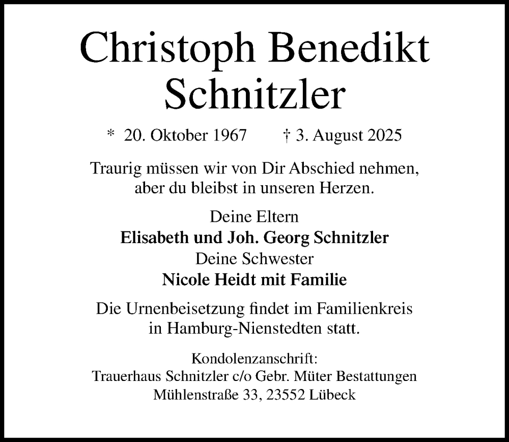 Traueranzeige für Christoph Benedikt Schnitzler vom 14.09.2025 aus Lübecker Nachrichten