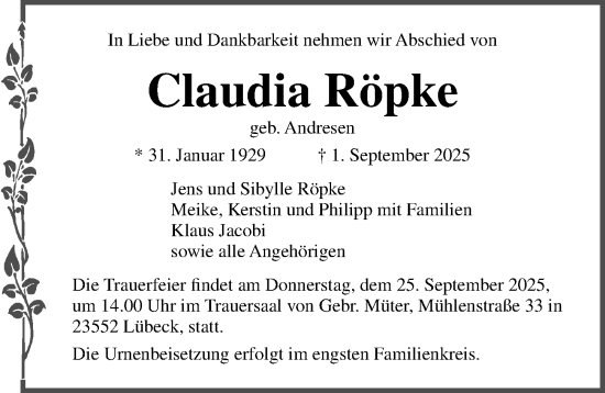 Traueranzeige von Claudia Röpke von Lübecker Nachrichten