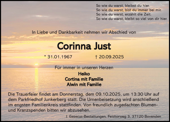 Traueranzeige von Corinna Just von Göttinger Tageblatt