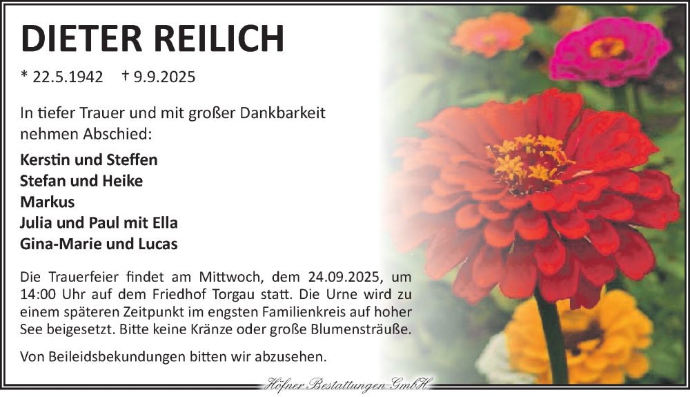  Traueranzeige für Dieter Reilich vom 21.09.2025 aus Torgauer Zeitung
