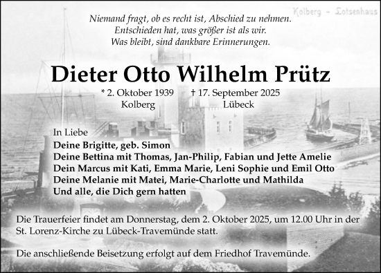 Traueranzeige von Dieter Otto Wilhelm Prütz von Lübecker Nachrichten