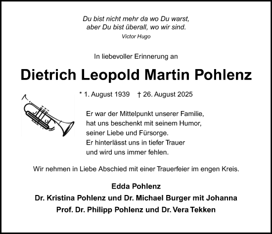 Traueranzeige von Dietrich Leopold Martin Pohlenz von Lübecker Nachrichten