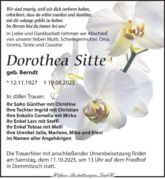Traueranzeige von Dorothea Sitte von Torgauer Zeitung