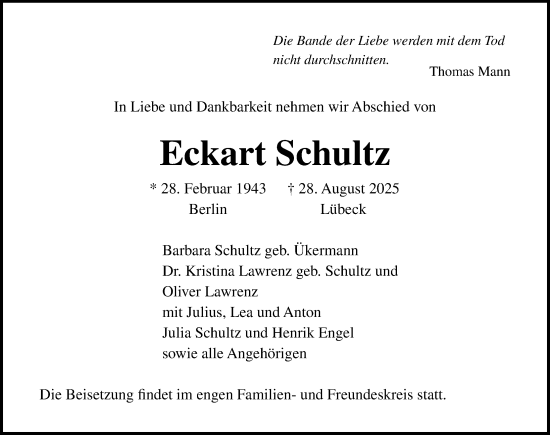 Traueranzeige von Eckart Schultz von Lübecker Nachrichten