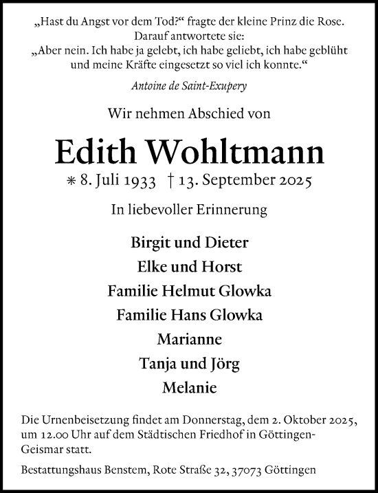 Traueranzeige von Edith Wohltmann von Göttinger Tageblatt