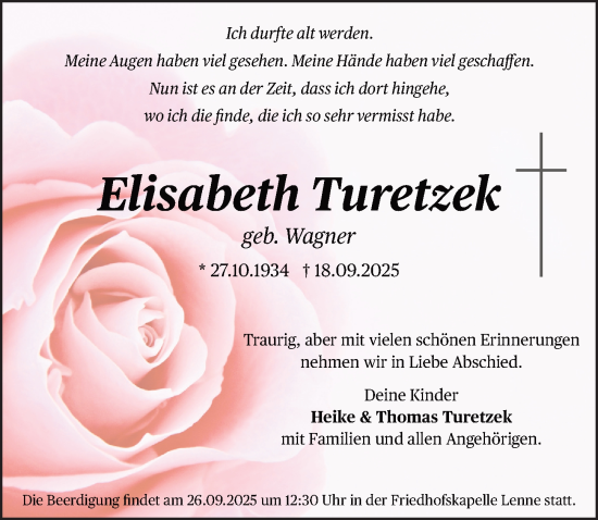 Traueranzeige von Elisabeth Turetzek von Täglicher Anzeiger Holzminden