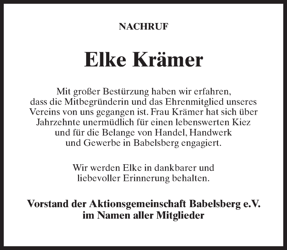 Traueranzeige für Elke Krämer vom 06.09.2025 aus Märkischen Allgemeine Zeitung