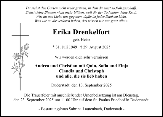 Traueranzeige von Erika Drenkelfort von Eichsfelder Tageblatt