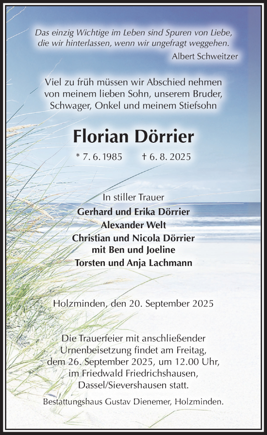 Traueranzeige von Florian Dörrier von Täglicher Anzeiger Holzminden