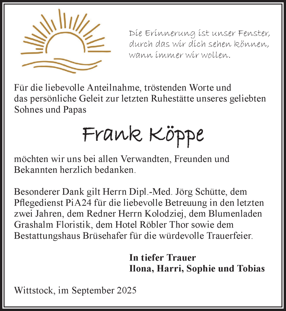  Traueranzeige für Frank Köppe vom 20.09.2025 aus Wochenspiegel