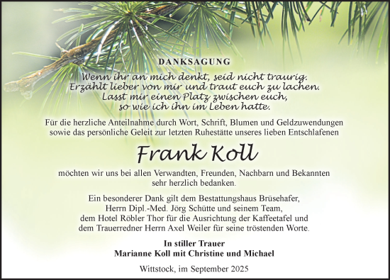 Traueranzeige von Frank Koll von Wochenspiegel