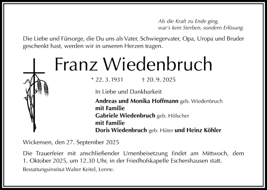 Traueranzeige von Franz Wiedenbruch von Täglicher Anzeiger Holzminden